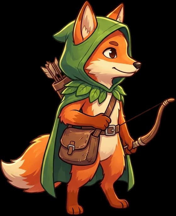 A fox ranger in a green hooded cloak with a bow, on a transparent background.