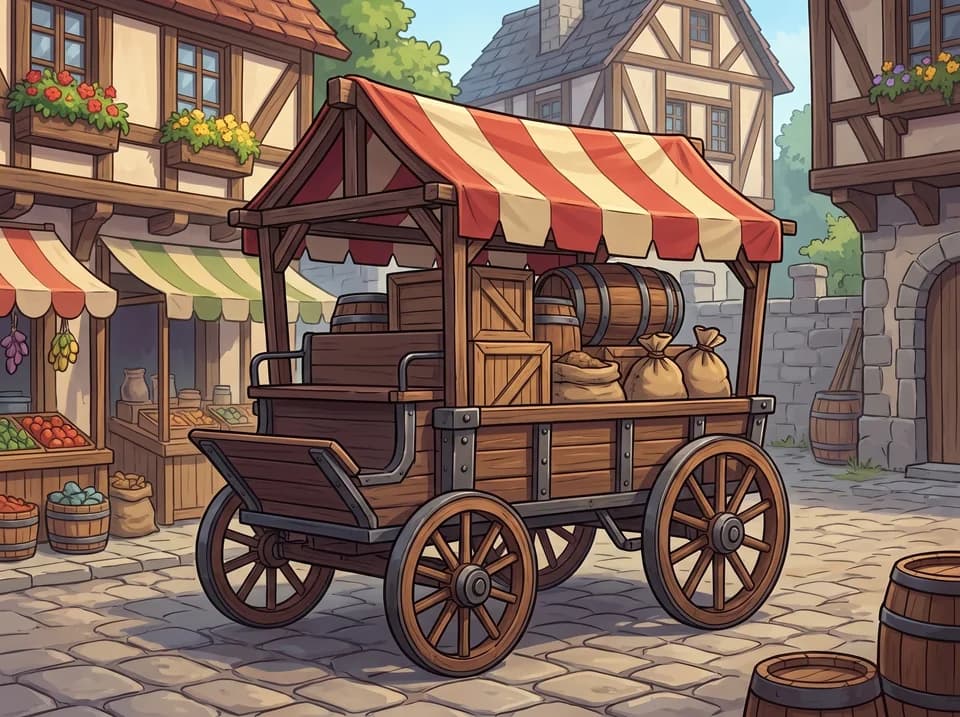 A merchant wagon on a village street.